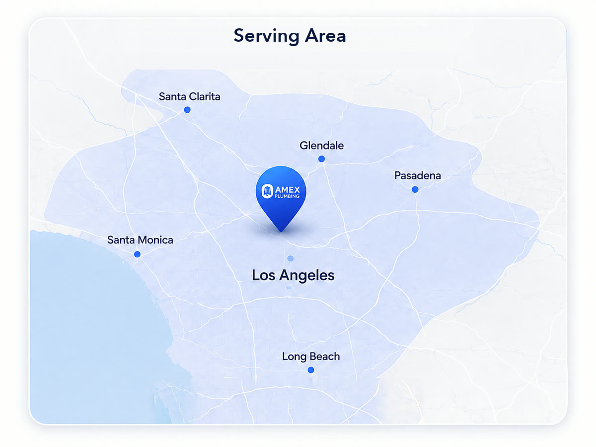 Amex Plumbing service area map covering Los Angeles and surrounding areas